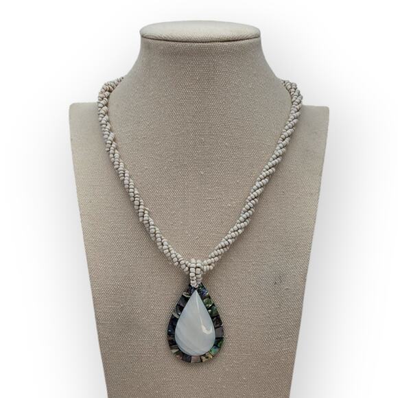 Boho Abalone Mosaic Teardrop Pendant Necklace – White Beaded Rope - Picture 2 of 10